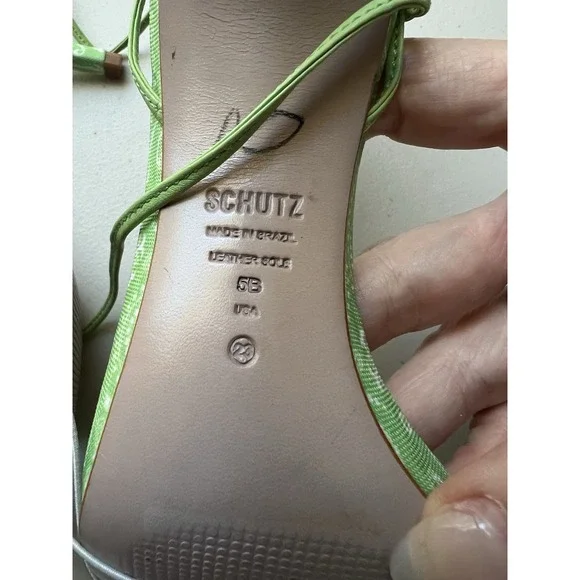 Schutz Sandals High Heel 4.5" Green Jeweled Front Ankle Wrap Size 5B - Picture 5 of 7